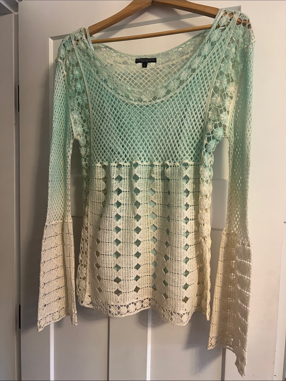 Crochet Ombre Bell-Sleeve Tunic Top in Mint and Cream